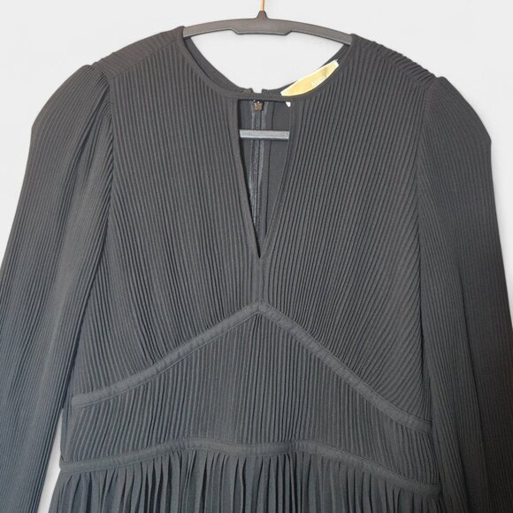Michael Kors Pleated Mini Dress Black PM Long Sleeves Flowy Wedding Guest NWT - Picture 3 of 12